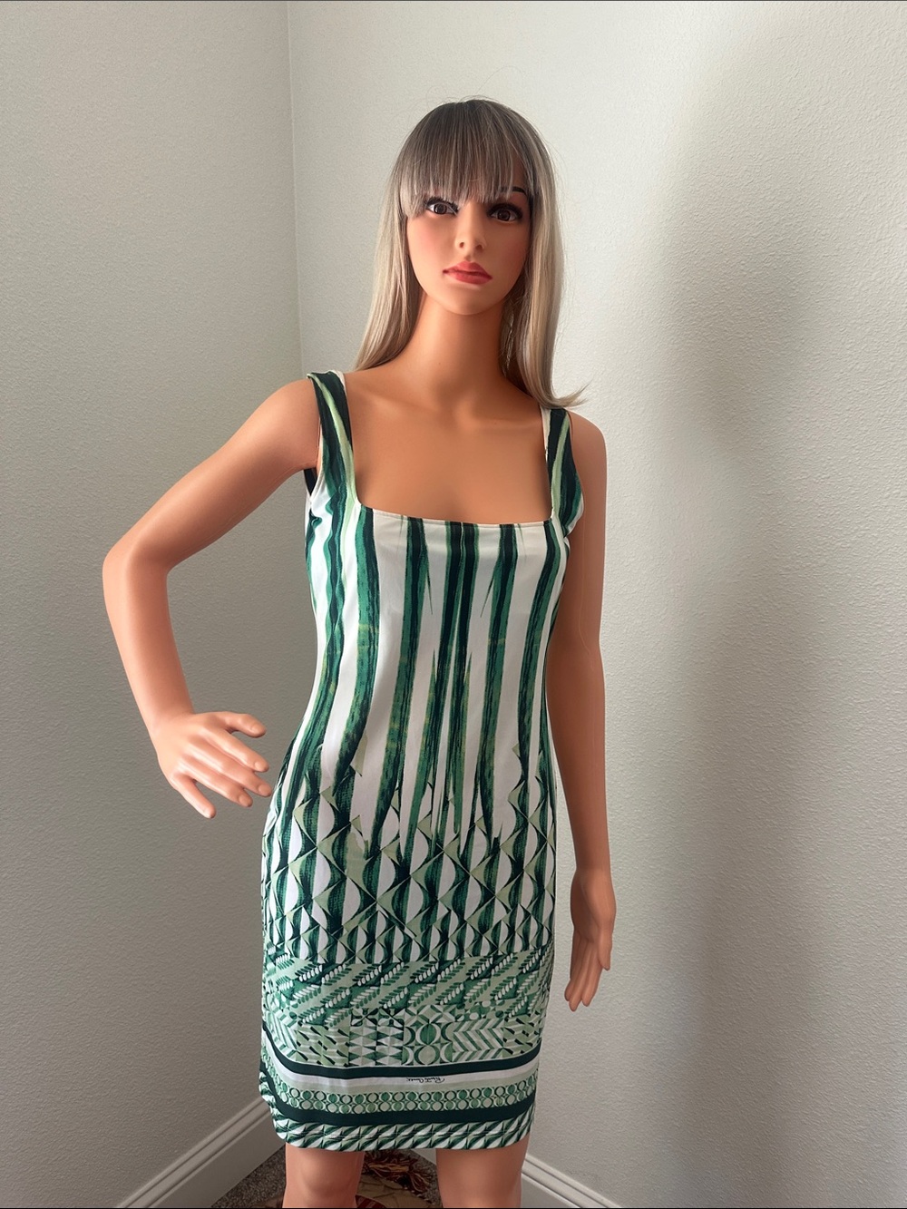 ROBERTO CAVALLI Green and White Patterned Mini Dress